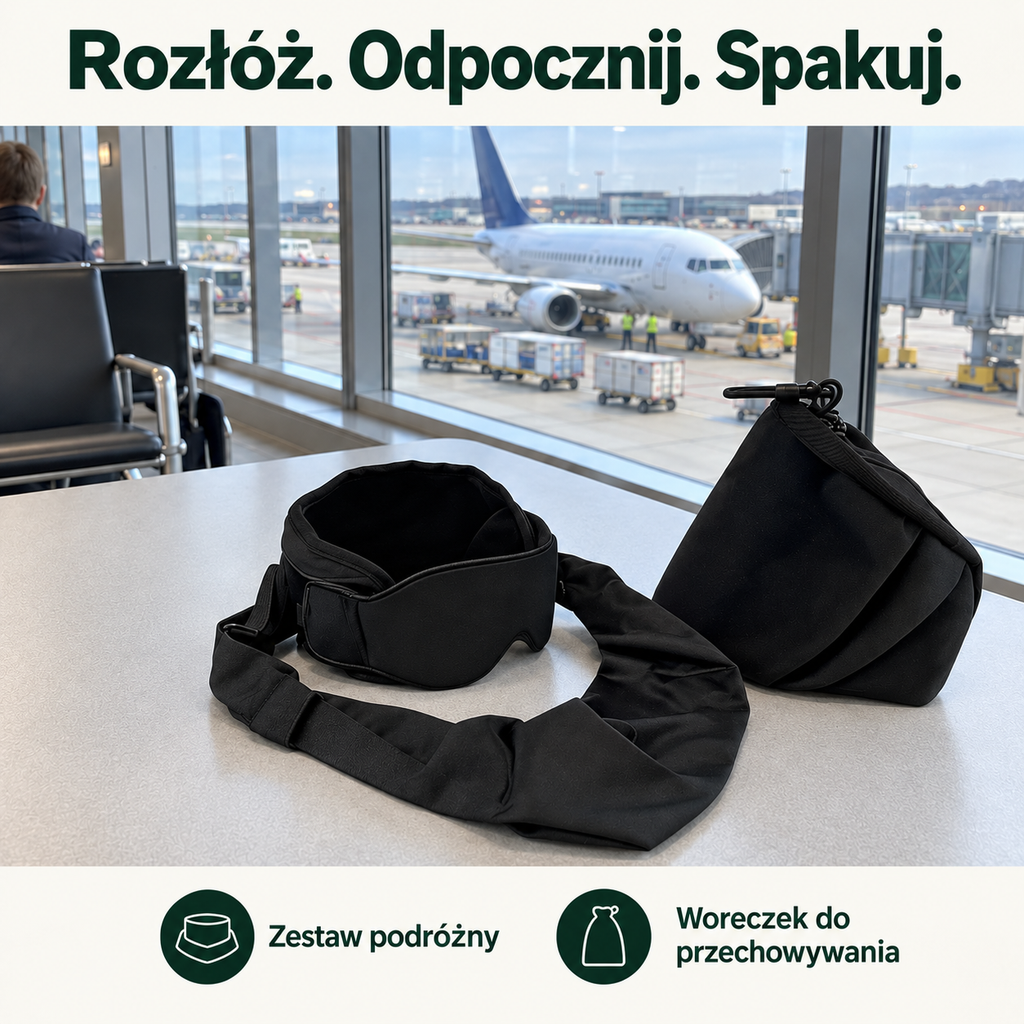 Rozłóż. Odpocznij. Spakuj. — czarny zestaw podróżny z woreczkiem