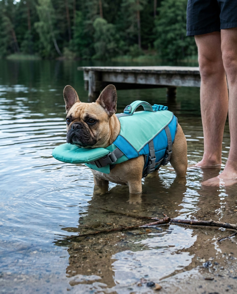 Buldog francuski w kamizelce ratunkowej AquaŁapa stoi w płytkiej wodzie jeziora z brodą na piankowym podparciu