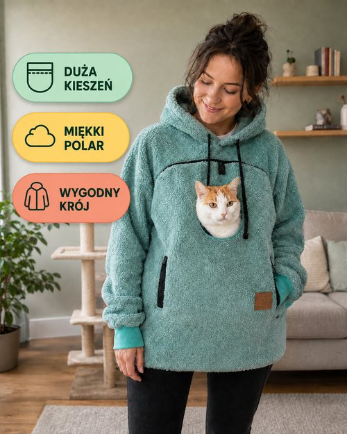 Cyan bluza polarowa z kieszenią dla kota – duża kieszeń, miękki polar i wygodny krój