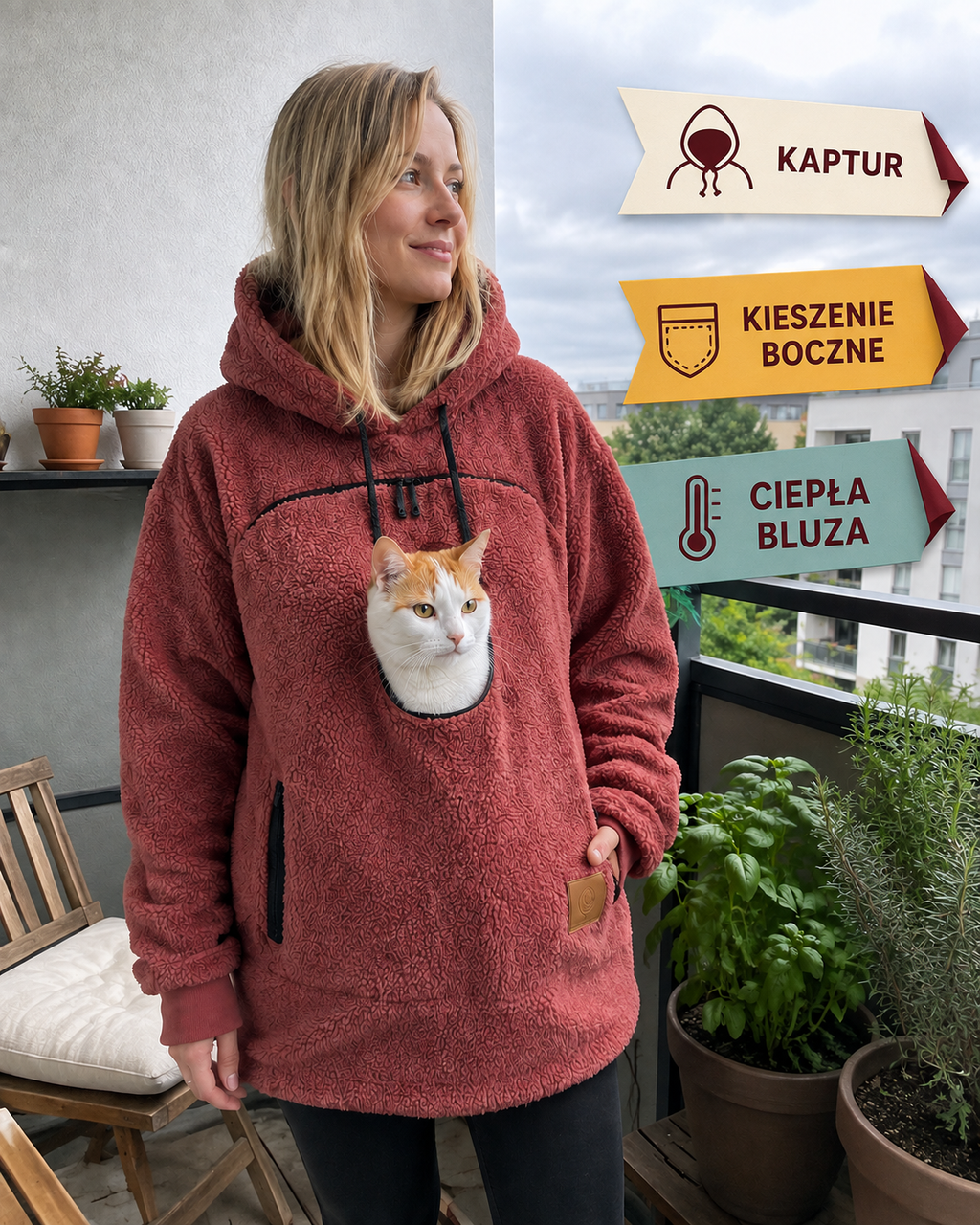 Czerwona bluza z kieszenią dla kota – kaptur, kieszenie boczne i ciepły polar