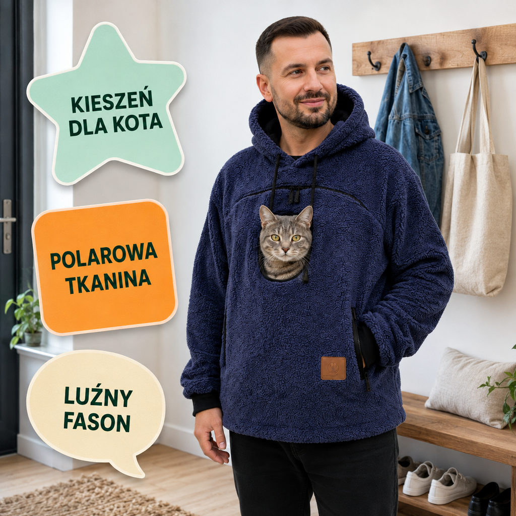 Granatowa bluza polarowa z kieszenią dla kota i luźnym fasonem