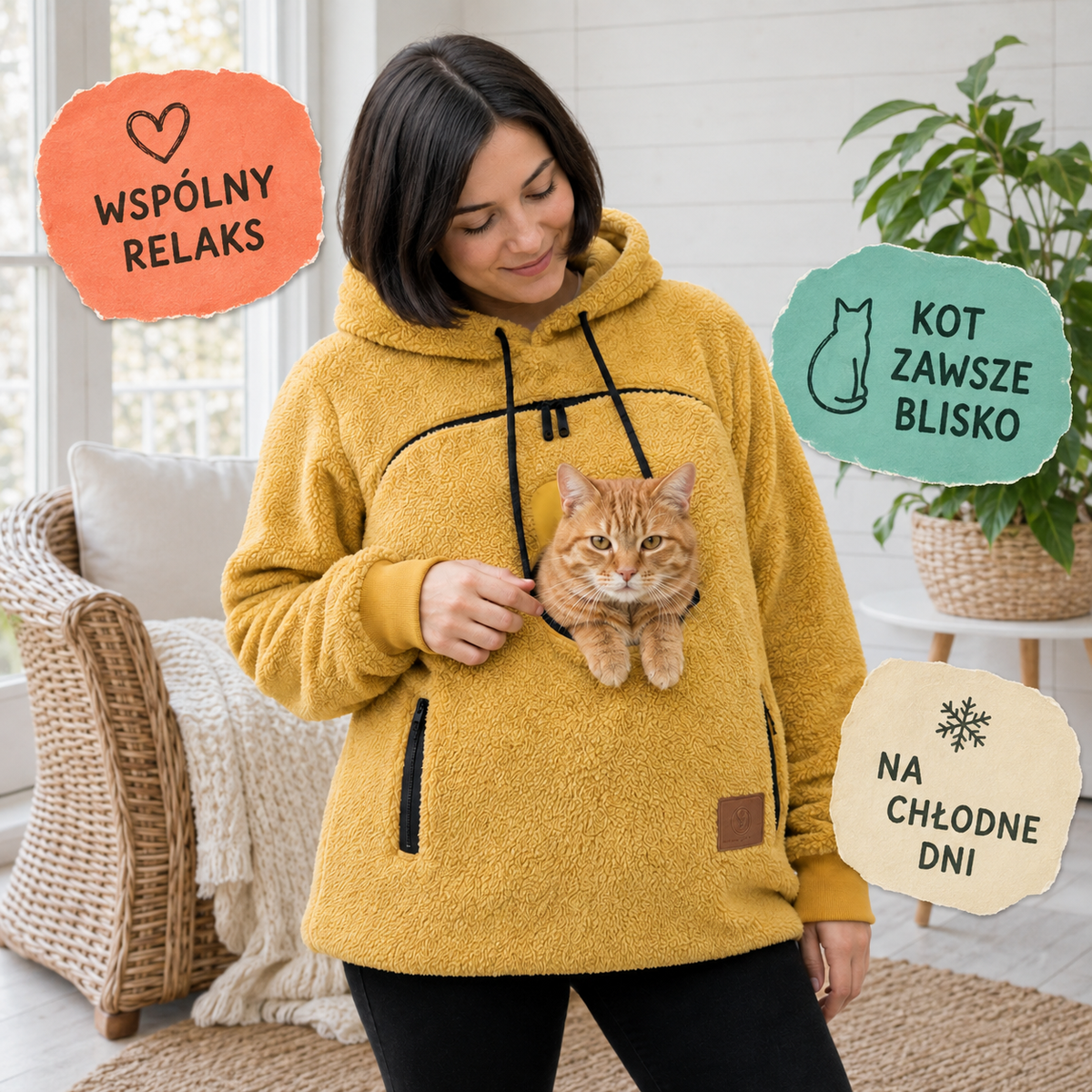 Żółta bluza z kieszenią dla kota na wspólny relaks w chłodne dni