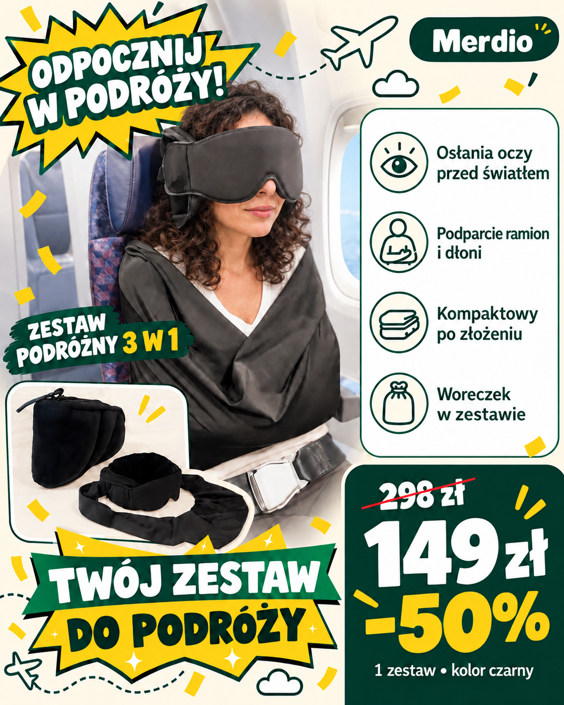 Merdio — zestaw podróżny 3 w 1 na kobiecie z ciemnymi lokami, 149 zł, minus 50 procent