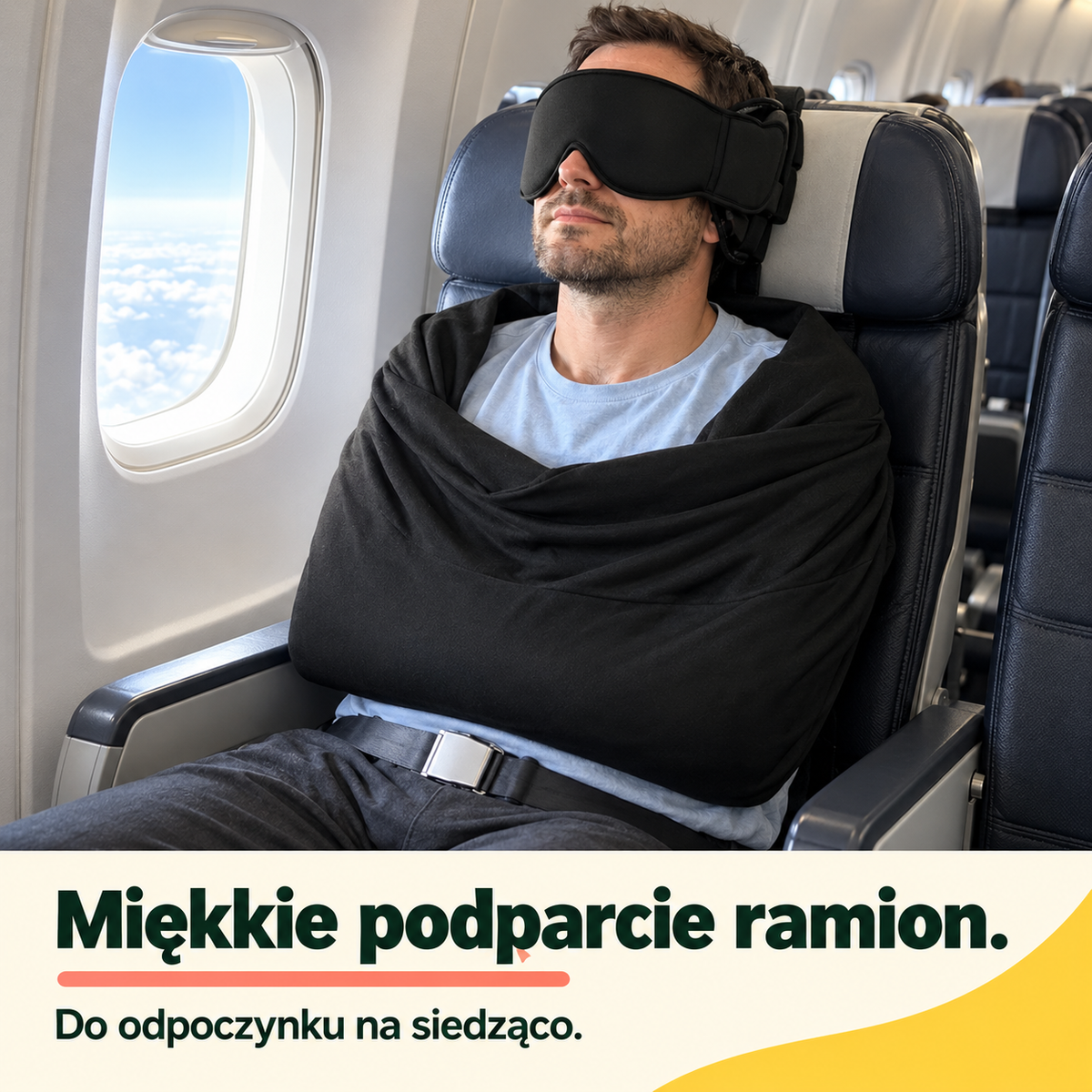 Mężczyzna w samolocie korzysta z czarnej opaski i materiałowego podparcia ramion